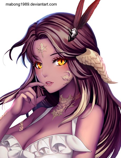 Anime picture 1150x1504 with final fantasy final fantasy xiv square enix au ra riiya (mabong1989) single long hair tall image looking at viewer blush breasts simple background brown hair white background bare shoulders signed yellow eyes cleavage upper body parted lips