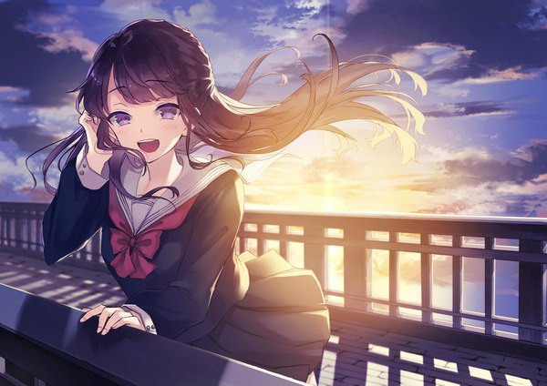 Anime picture 1500x1062 with original kusaka kou single long hair looking at viewer blush fringe open mouth black hair smile standing purple eyes sky cloud (clouds) outdoors :d pleated skirt wind teeth adjusting hair