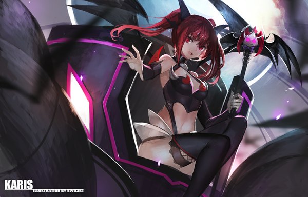 Anime picture 1181x756 with elsword swd3e2 single long hair looking at viewer open mouth red eyes sitting twintails red hair girl thighhighs hair ornament black thighhighs wings