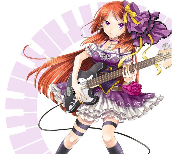 Anime picture 1335x1200 with utau toudou charo single long hair looking at viewer orange hair multicolored eyes girl dress hat socks guitar bass guitar