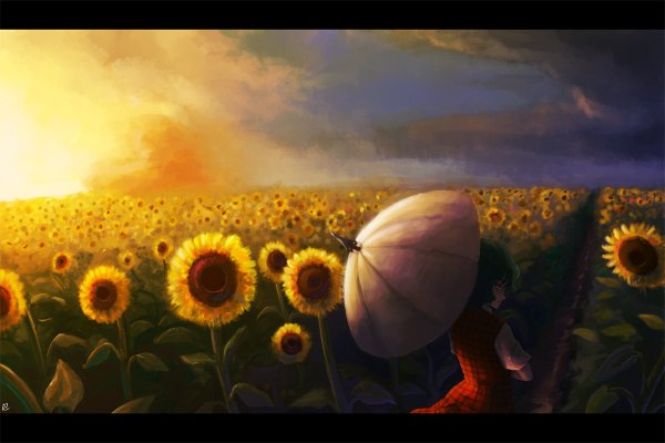 Anime picture 1200x800 with touhou kazami yuuka r2sais single red eyes cloud (clouds) looking back green hair evening sunset field girl umbrella sunflower road