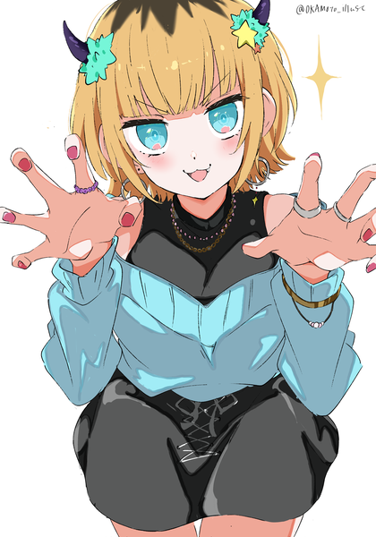 Anime picture 2864x4093 with oshi no ko memcho white gorilla (okamoto) single tall image looking at viewer blush highres short hair open mouth simple background blonde hair white background bare shoulders signed nail polish :d horn (horns) aqua eyes twitter username