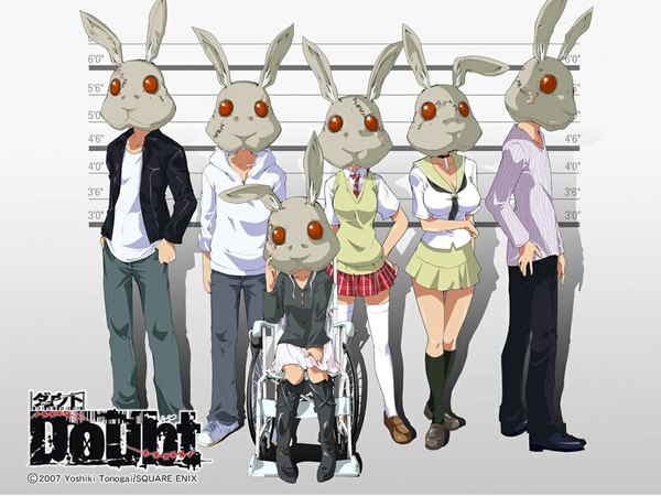 Anime picture 1024x768 with doubt aikawa yuu hazama rei akechi haruka hoshi eiji houyama mitsuki komaba hajime red eyes scar group skirt serafuku bunny