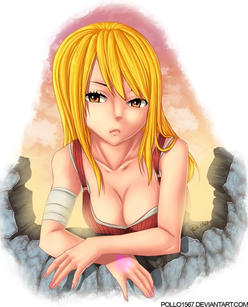 Anime picture 808x1000 with fairy tail lucy heartfilia pollo1567 single long hair tall image light erotic blonde hair yellow eyes sky cloud (clouds) sunlight tattoo coloring girl