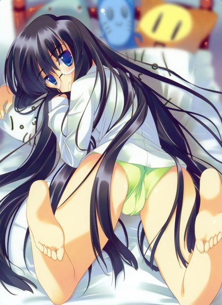 Anime picture 2283x3128 with tall image highres blue eyes light erotic black hair very long hair barefoot girl underwear panties glasses