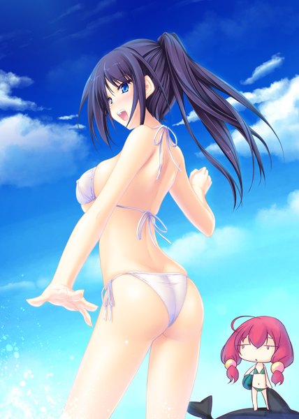 Anime picture 1000x1400 with tenmaso single long hair tall image open mouth blue eyes light erotic black hair sky cloud (clouds) ponytail girl swimsuit bikini splashes