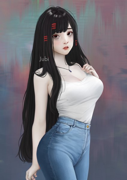 Anime-Bild 2480x3508 mit original alyssa (jubi) jubi (regiana) single long hair tall image looking at viewer highres breasts black hair large breasts cleavage parted lips black eyes lipstick red lipstick girl pendant bobby pin jeans