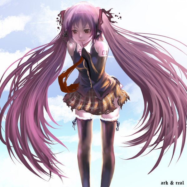 Anime picture 1252x1252 with vocaloid hatsune miku realmbw single long hair red eyes twintails purple hair torn clothes girl thighhighs skirt black thighhighs miniskirt necktie headphones