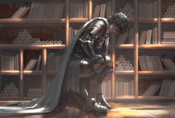 Anime picture 1000x675 with ghost blade kain wlop single short hair black hair bent knee (knees) indoors eyes closed profile lips knight boy armor book (books) cape shelf bookshelf library