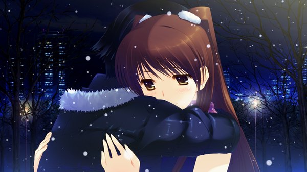 Anime picture 1280x720 with white album 2 ogiso setsuna long hair blush brown hair wide image yellow eyes game cg night couple snowing winter girl boy