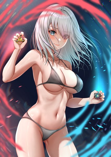 Anime picture 2894x4093 with original nori chazuke single long hair tall image looking at viewer blush fringe highres breasts blue eyes light erotic smile red eyes large breasts standing holding silver hair nail polish hair over one eye