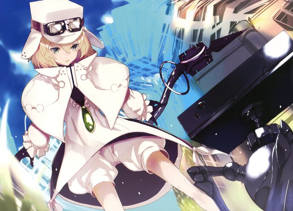 Anime picture 3844x2779 with original shiromiso single looking at viewer fringe highres short hair blue eyes blonde hair hair between eyes absurdres scan from below goggles on head girl gloves black gloves shorts cap goggles