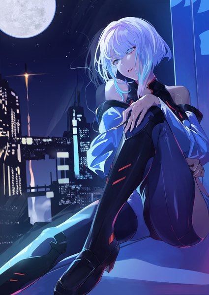Anime picture 1450x2048 with cyberpunk edgerunners lucy (cyberpunk) nr noir single tall image fringe short hair blue eyes sitting bare shoulders looking away bent knee (knees) white hair parted lips night high heels night sky city gradient hair smoke