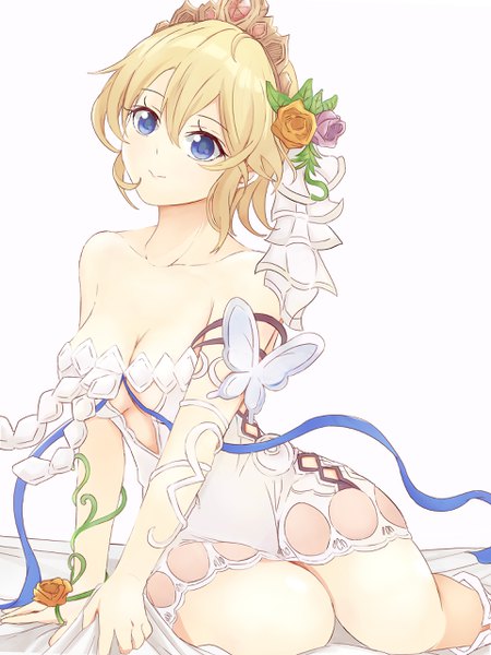 Anime picture 1920x2560 with granblue fantasy europa (granblue fantasy) rinu(artist) single tall image looking at viewer blush fringe highres short hair breasts blue eyes light erotic simple background blonde hair hair between eyes white background sitting bare shoulders holding