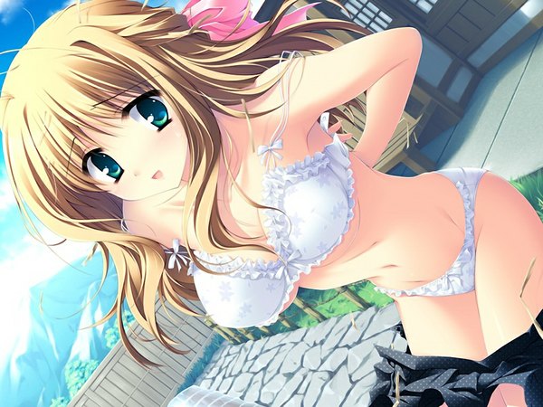 Anime picture 1024x768 with sakura bitmap (game) long hair light erotic blonde hair green eyes game cg underwear only girl underwear panties