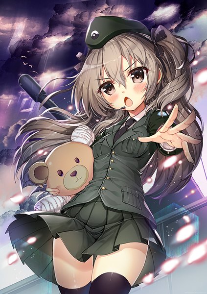 Anime picture 564x800 with girls und panzer shimada arisu boko (girls und panzer) akabane (zebrasmise) single long hair tall image blush fringe breasts open mouth hair between eyes brown hair standing twintails holding brown eyes payot cloud (clouds) from below