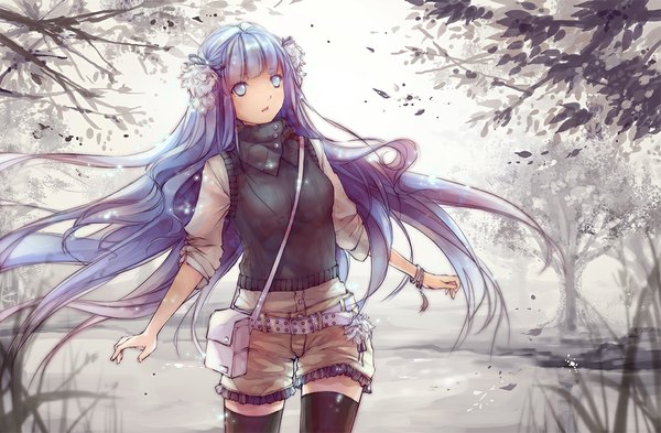 Anime picture 1100x721 with original nyanfood single long hair looking at viewer fringe blue eyes standing twintails blue hair pleated skirt wind spread arms twisty sleeves girl thighhighs skirt black thighhighs plant (plants) tree (trees)