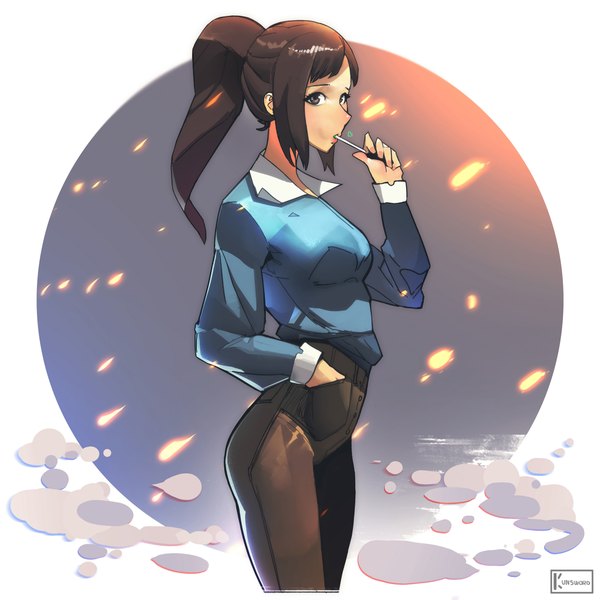 Anime-Bild 3840x3840 mit solo leveling a-1 pictures sung jin-ah kunsword single long hair highres breasts brown hair standing holding brown eyes signed payot looking away absurdres ponytail profile mouth hold hand in pocket
