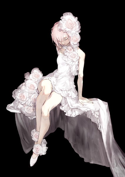 Anime picture 2006x2833 with original ozyako single long hair tall image looking at viewer blush fringe highres smile hair between eyes full body bent knee (knees) white hair eyes closed hair flower arm support black background white skin girl