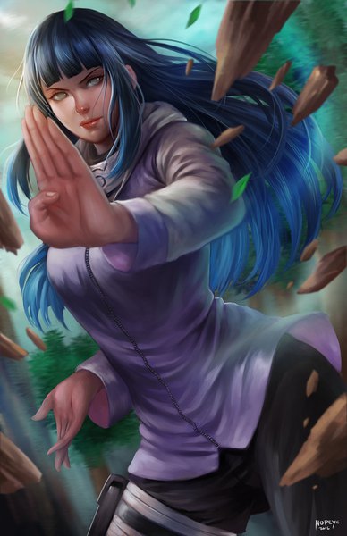 Anime picture 600x927 with naruto studio pierrot naruto (series) hyuuga hinata nopeys single long hair tall image looking at viewer breasts standing signed payot blue hair outdoors long sleeves realistic dutch angle dated silver eyes