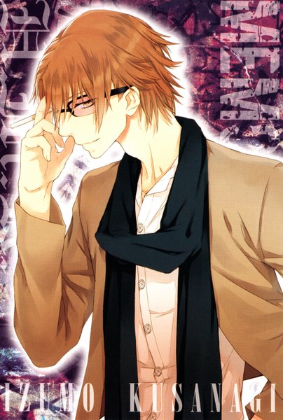 Anime picture 2000x2966 with k-project gohands (studio) kusanagi izumo single tall image looking at viewer highres short hair brown hair brown eyes smoking boy glasses scarf