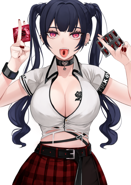Anime picture 2480x3508 with original nao (okt8538) single long hair tall image looking at viewer fringe highres breasts open mouth light erotic black hair simple background large breasts standing white background twintails holding cleavage blunt bangs