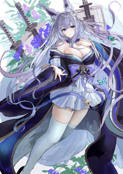 Anime picture 2894x4093 with azur lane shinano (azur lane) zyousha333 single long hair tall image looking at viewer blush fringe highres breasts blue eyes light erotic simple background large breasts bare shoulders animal ears cleavage silver hair tail
