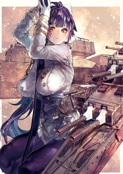 Anime picture 1158x1637 with azur lane takao (azur lane) signo aaa single long hair tall image blush fringe breasts light erotic hair between eyes large breasts standing holding brown eyes animal ears blue hair looking away purple hair outdoors