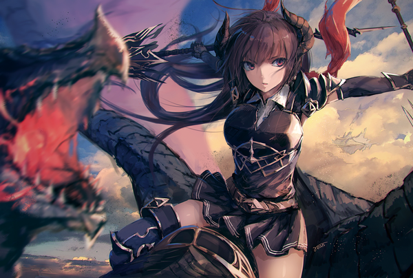Anime picture 1400x942 with shingeki no bahamut granblue fantasy forte (shingeki no bahamut) rean (r ean) single long hair fringe brown hair sitting holding brown eyes looking away sky cloud (clouds) ahoge parted lips horn (horns) wind blurry depth of field