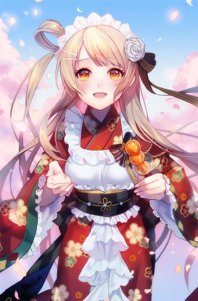 Anime picture 624x948 with love live! school idol project sunrise (studio) love live! minami kotori lino chang 0910popo single long hair tall image blush fringe open mouth blonde hair smile standing holding yellow eyes payot sky outdoors
