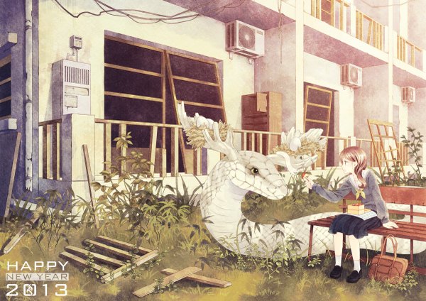 Anime picture 1200x849 with original yue natsuki long hair brown hair sitting brown eyes girl skirt uniform plant (plants) school uniform miniskirt food window snake obento apple bunny