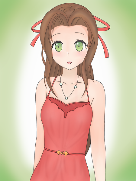 Anime picture 1536x2048 with final fantasy final fantasy vii square enix aerith gainsborough mout single long hair tall image looking at viewer blush open mouth simple background smile brown hair standing bare shoulders green eyes payot :d sleeveless
