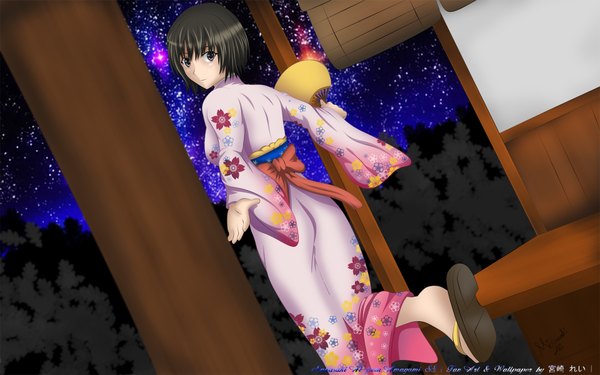 Anime picture 1920x1200 with amagami nanasaki ai single highres short hair black hair wide image brown eyes japanese clothes looking back night night sky girl bow kimono star (stars) fan