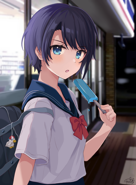 Anime picture 3023x4096 with virtual youtuber hololive oozora subaru subaru duck tihirowo single tall image looking at viewer highres short hair open mouth blue eyes black hair absurdres upper body outdoors :o girl uniform serafuku