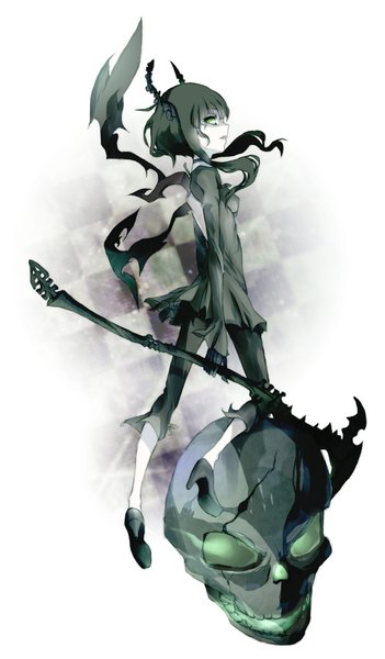 Аниме картинка 1170x2000 с стрелок с чёрной скалы dead master takka (aegis9294) один (одна) длинные волосы высокое изображение зелёные глаза рог (рога) зелёные волосы шахматный узор девушка платье череп коса (оружие)