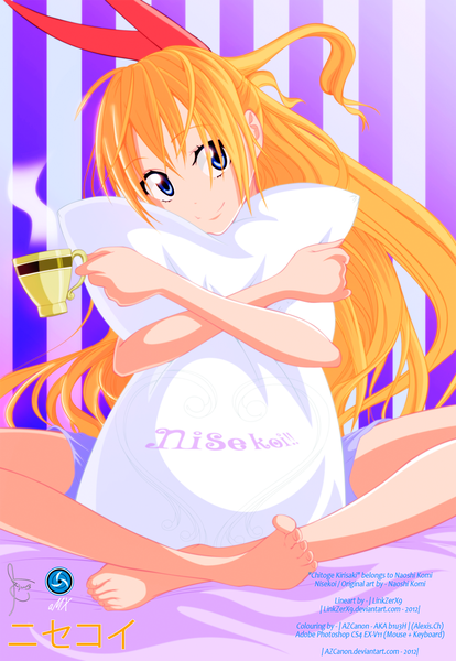 Anime picture 1200x1738 with nisekoi shaft (studio) kirisaki chitoge azcanon (artist) single long hair tall image blue eyes blonde hair smile inscription coloring striped steam striped background girl bow hair bow pillow toes