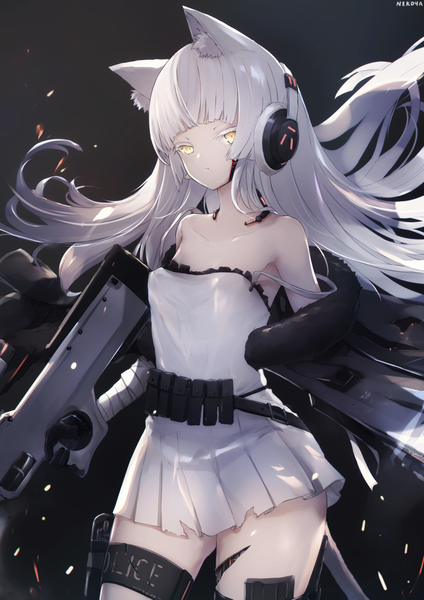 Anime picture 1158x1638 with girls frontline original awp (girls frontline) (nekoya (liu)) nekoya (liu) single long hair tall image looking at viewer fringe breasts simple background standing bare shoulders holding signed animal ears yellow eyes silver hair tail blunt bangs