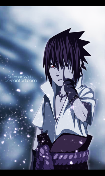 Anime picture 1729x2873 with naruto studio pierrot naruto (series) uchiha sasuke schwarrtz single tall image highres short hair black hair red eyes signed coloring snowing letterboxed winter hand on face sharingan boy wristlet