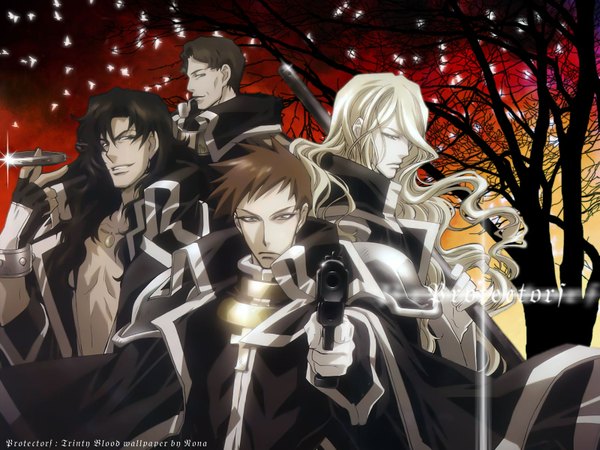 Anime picture 1600x1200 with trinity blood gonzo abel nightroad tres iqus hugue de watteau leon garcia de asturias william walter wordsworth nakajima atsuko long hair short hair black hair blonde hair smile brown hair open clothes open jacket group back to back boy weapon