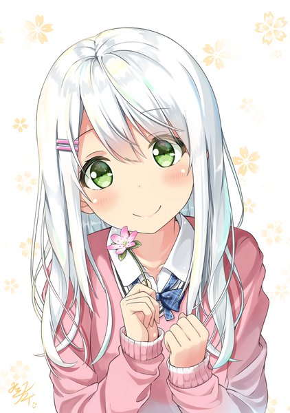 Anime picture 765x1087 with original miko fly single long hair tall image looking at viewer blush smile white background holding green eyes signed upper body long sleeves head tilt plaid floral background girl uniform flower (flowers)