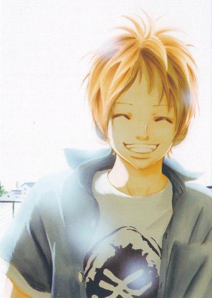 Anime picture 2501x3503 with bokura ga ita motoharu yano yuuki obata single tall image highres short hair smile eyes closed scan orange hair happy boy
