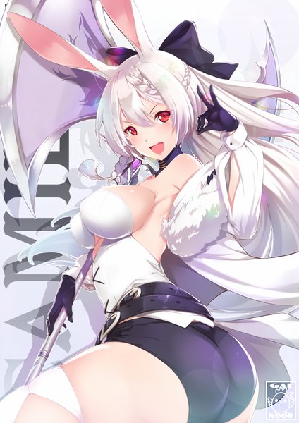 Anime picture 700x990 with original gainoob single long hair tall image looking at viewer blush fringe breasts open mouth light erotic simple background smile hair between eyes red eyes large breasts bare shoulders holding signed animal ears