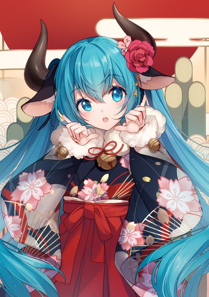 Anime picture 1000x1414 with vocaloid hatsune miku bison cangshu single long hair tall image looking at viewer blush fringe open mouth blue eyes hair between eyes standing animal ears blue hair upper body traditional clothes head tilt japanese clothes horn (horns)