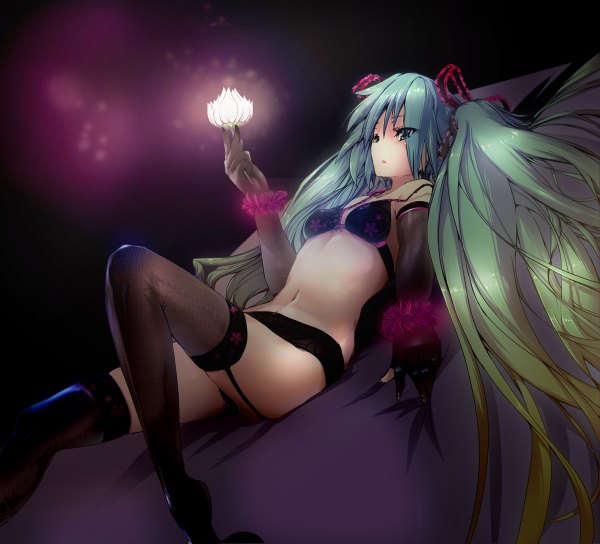 Anime picture 1200x1088 with vocaloid hatsune miku dot r single light erotic twintails green eyes very long hair aqua hair midriff underwear only girl thighhighs navel underwear panties flower (flowers) ribbon (ribbons) black thighhighs hair ribbon