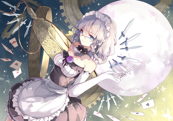 Anime picture 1150x805 with touhou izayoi sakuya hillly (maiwetea) single looking at viewer fringe short hair blue eyes smile standing bare shoulders braid (braids) grey hair maid twin braids girl gloves flower (flowers) weapon glasses