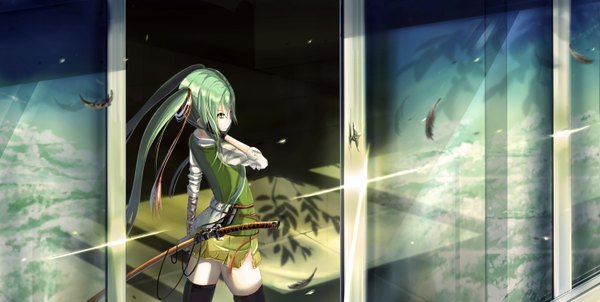 Anime picture 1500x755 with vocaloid hatsune miku kikivi single long hair wide image twintails green eyes green hair sunlight zettai ryouiki torn clothes reflection girl thighhighs skirt weapon black thighhighs miniskirt sword