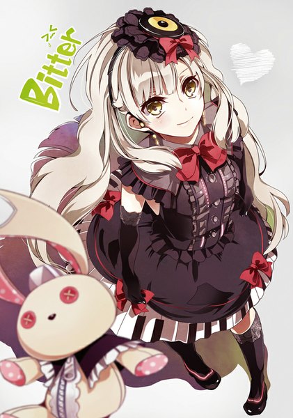 Anime picture 651x927 with vocaloid mayu (vocaloid) usano mimi hatsuko single long hair tall image looking at viewer fringe simple background yellow eyes silver hair from above inscription grey background lolita fashion > < girl dress gloves