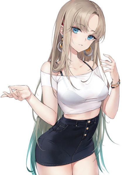 Anime picture 2480x3512 with original emyo single long hair tall image looking at viewer blush fringe highres breasts blue eyes light erotic simple background brown hair standing white background bare shoulders head tilt multicolored hair arm up