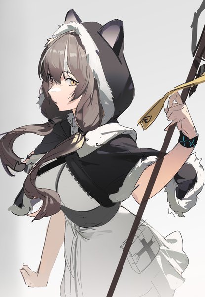 Anime picture 1714x2480 with arknights honeyberry (arknights) yeyuanqianqianqian single long hair tall image looking at viewer fringe highres simple background hair between eyes brown hair twintails animal ears yellow eyes gradient background low twintails girl hood mantle