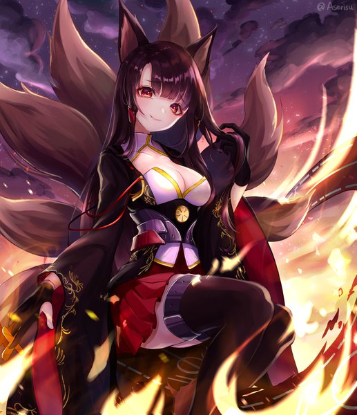 Anime picture 1800x2087 with azur lane akagi (azur lane) aseris single long hair tall image looking at viewer fringe highres breasts light erotic smile hair between eyes red eyes sitting signed animal ears sky cleavage cloud (clouds)